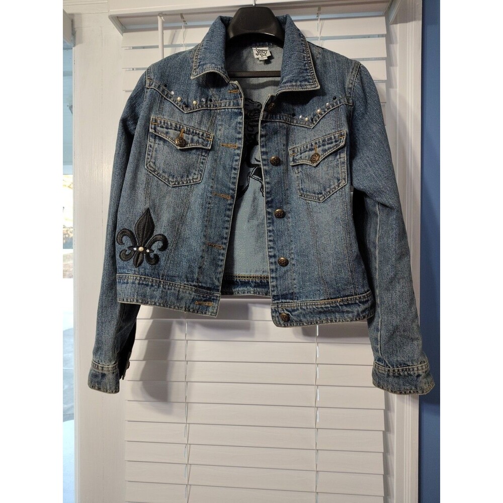 Vintage Ivy Jane Denim Fleur De Lis Jacket Womens Size L Bling Jewels Royalty